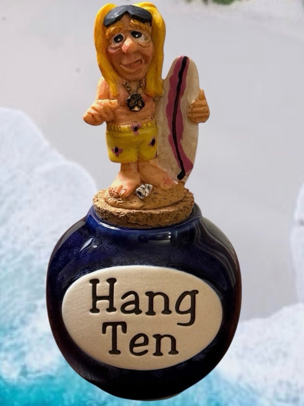 Vintage Funny Money What A Concept Jar Figurine Surfer Hang Ten Bank W/ Cork Lid